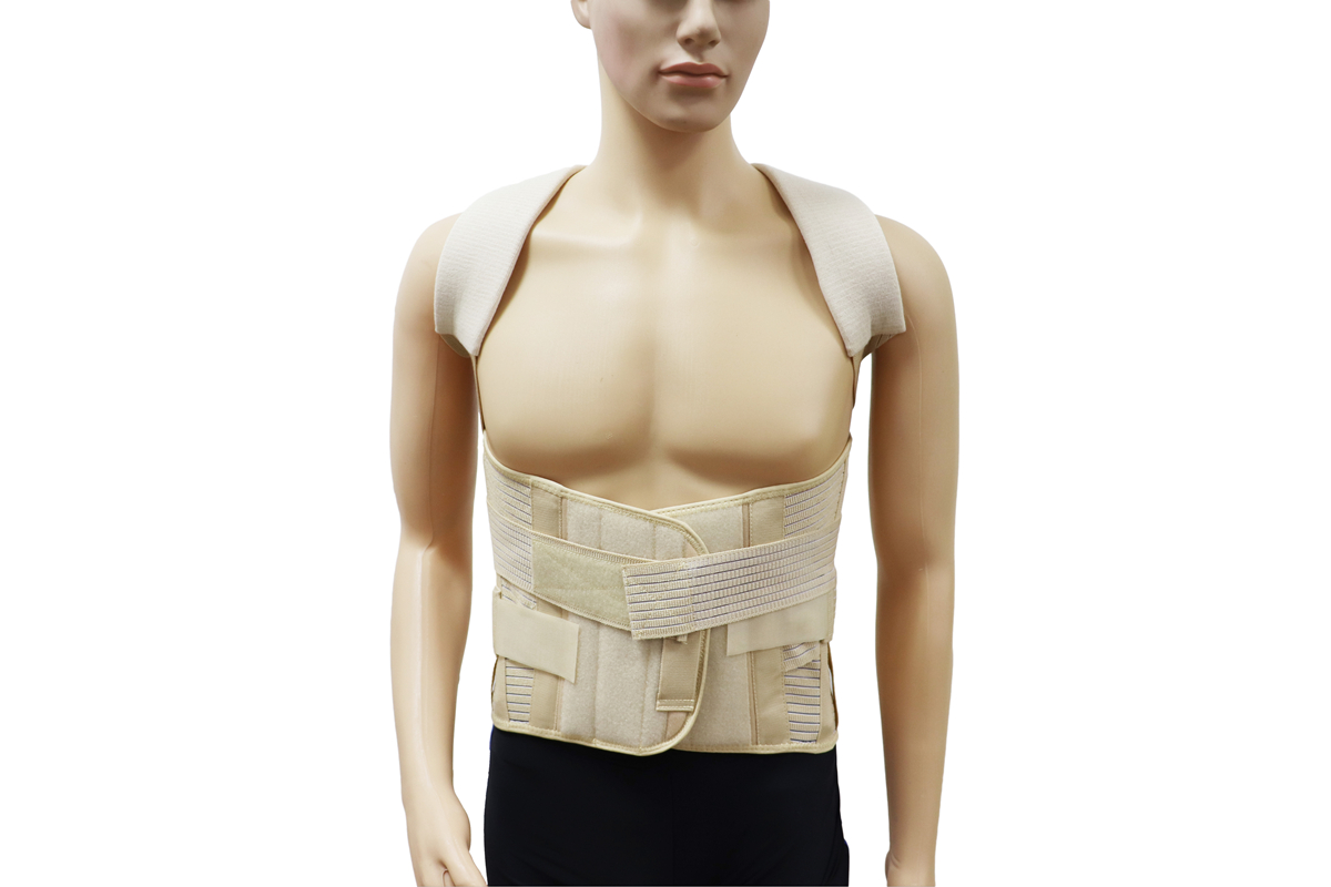 TLSO-type brace with low axilla, thoracic and lumbar pads which